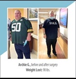 before and after surgery photo featuring tgh north male bariatric surgery patient with text archie g before and after surgery weight lost 98 lbs